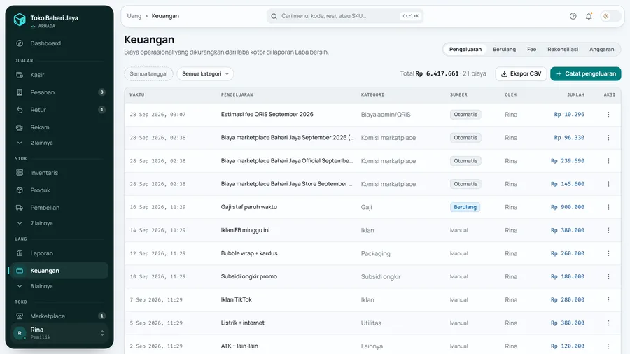 Tab Pengeluaran: baris Otomatis bulan ini — komisi tiap toko dan fee QRIS.