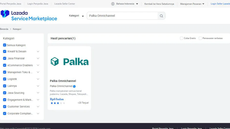 Lazada Service Marketplace: hasil pencarian Palka Omnichannel.