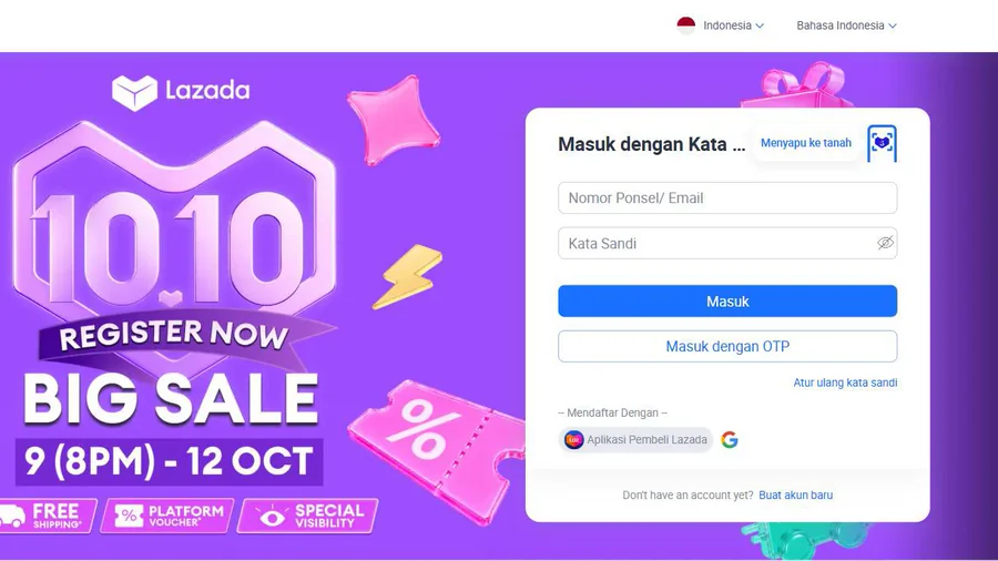 Lazada Seller Center: halaman Masuk dengan kata sandi.