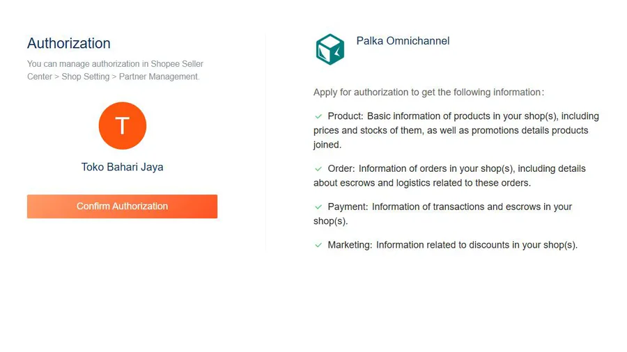 Shopee: halaman Authorization untuk Palka Omnichannel dengan daftar izinnya.