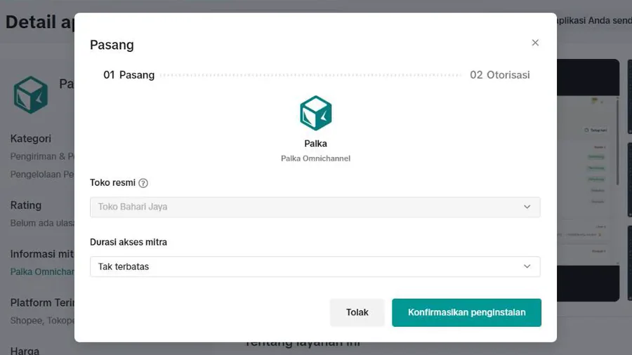 Seller Center: jendela Pasang untuk Palka dengan pilihan toko dan durasi aksesnya.