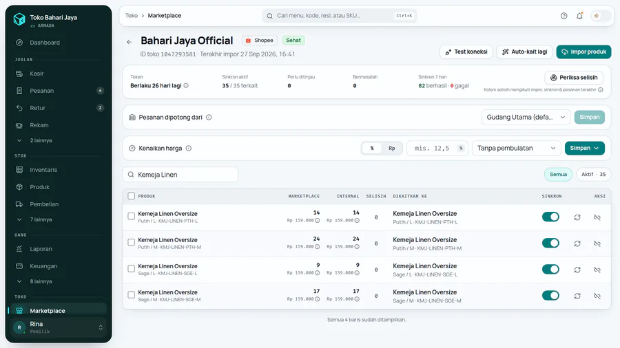 Sekitar semenit kemudian, setelah dimuat ulang: Marketplace sama dengan Internal, selisih 0.