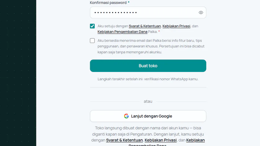 Formulir terisi: centang persetujuan, lalu Buat toko — atau Lanjut dengan Google.