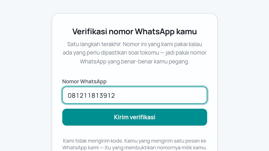 Ketik nomor WhatsApp, lalu Kirim verifikasi.