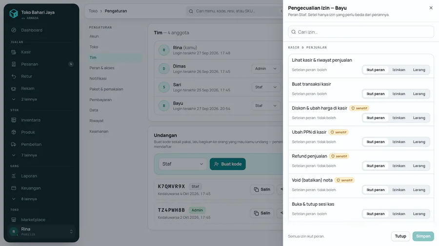 Panel Pengecualian izin: Ikut peran, Izinkan, atau Larang per izin.