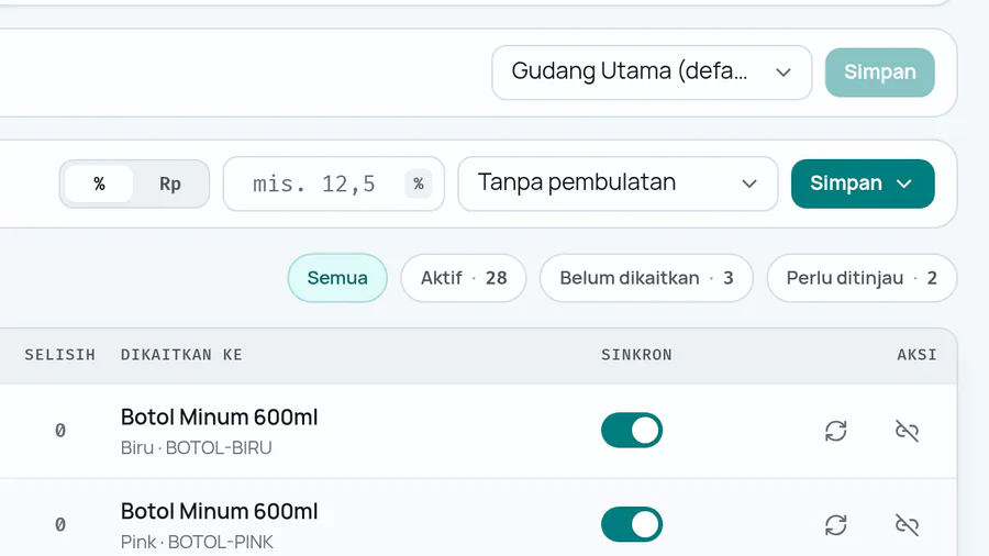 Chip filter di atas tabel, lengkap dengan angkanya.