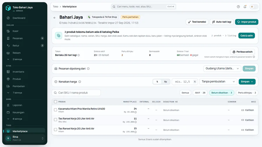 Chip Belum dikaitkan aktif; tiap baris punya tombol Kaitkan.
