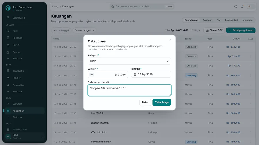 Dialog Catat biaya: Iklan Rp250.000 untuk Shopee Ads.