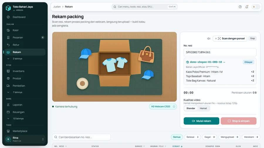 Resi terisi: kartu pesanan muncul dengan isi paketnya