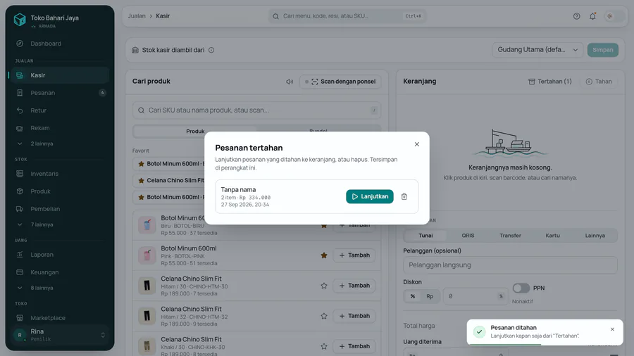 Daftar Pesanan tertahan: klik Lanjutkan untuk membuka keranjangnya lagi.