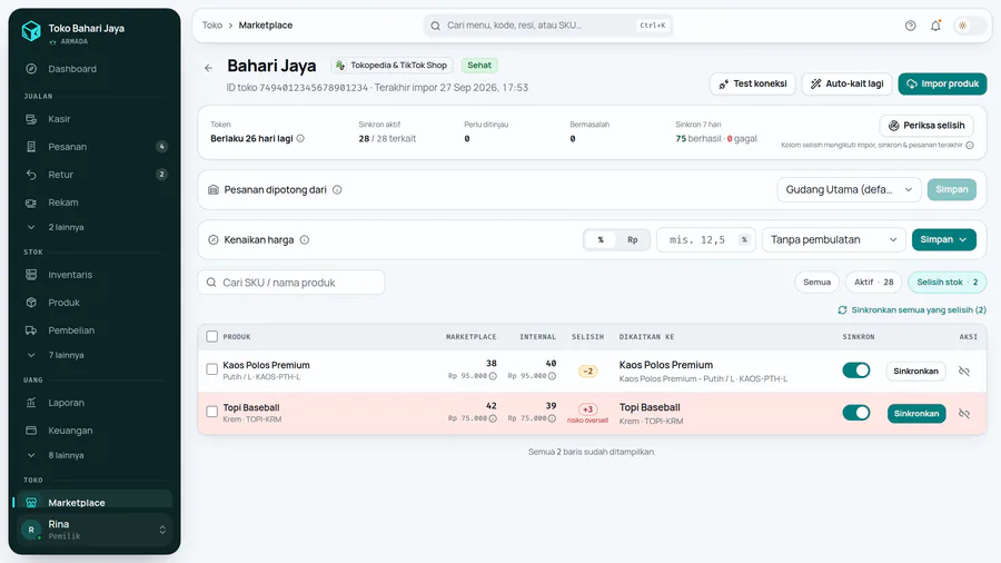 Chip Selisih stok aktif; di kanan atas ada tombol Periksa selisih.