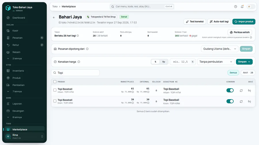 Setelah terkirim: angka Marketplace sama dengan Internal, selisih 0.